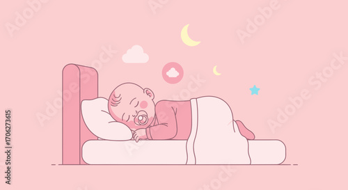 Peaceful Slumber Of Adorable Baby In A Pink Room With Decorative Celestial Elements