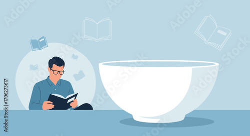 Man Reading A Book Next To A Bowl With Floating Books Conceptual Design