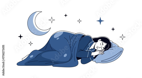 Peaceful Slumber Depicted: A Woman Asleep Under a Blanket with Stars and Moon