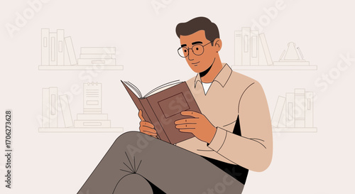 Man Reading A Book With Glasses While Relaxing Near The Book Shelf In The Apartment