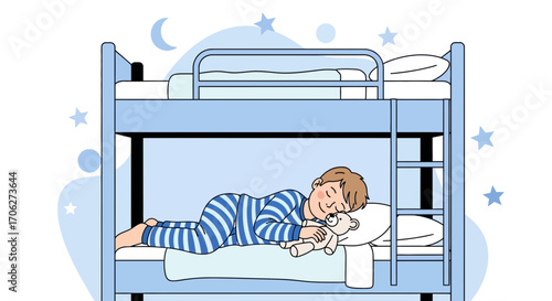 Peaceful Slumber: Young Boy Dreaming in Cozy Bed with Teddy Bear and Celestial Ornaments