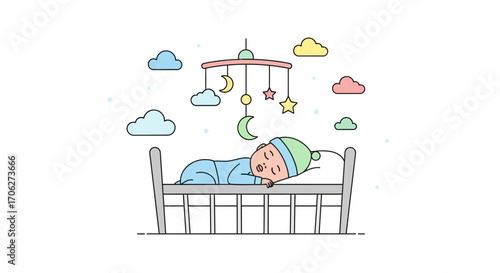 Peaceful Vector Baby Sleeping Comfortably In A Cradle With Adorable Decorated Elements