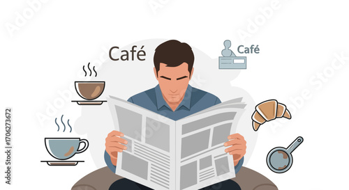 Man Reading Newspaper at Cafe with Coffee Cup and Croissant in Simple Illustration Style