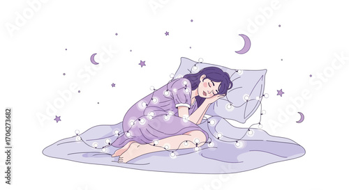 Peaceful Woman Dreams Under Garlands of Light: Artistic Illustration for Relaxation and Rest