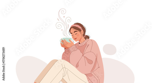 Peaceful Woman Enjoying a Relaxing Moment with a Cup of Hot Beverage in a Cozy Setting