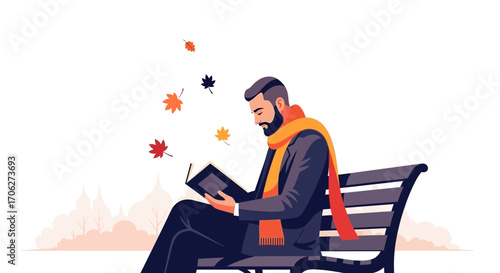 Man Reading On A Bench Amidst Autumn Foliage Enjoying Reading