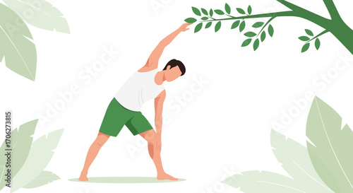 Performing Yoga Exercises In Nature, Surrounded by Greenery, Health and Wellness Concept
