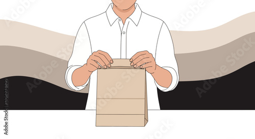 Person About To Open Plain Brown Paper Package On a Stylish Abstract Backdrop
