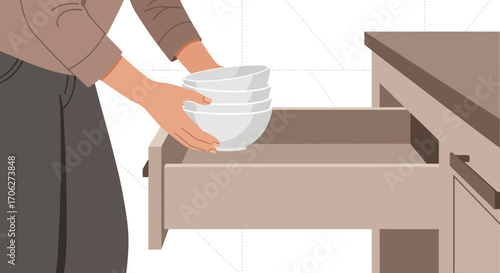 Person Arranging Clean Bowls Into a Drawer in a Kitchen, Preparing for Meal Time