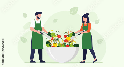 People Preparing Fresh And Delicious Salad For A Healthy Meal With Vegetables