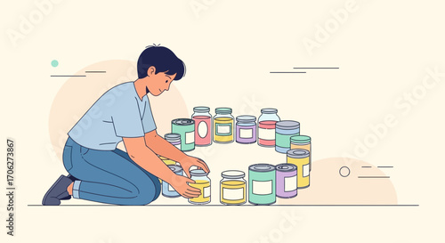 Person Arranging Preserved Food Products In A Circular Pattern With Graphic Style