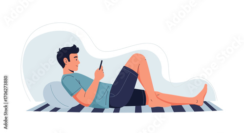 Man Relaxing On Floor While Engaging With Interactive Mobile Phone Application.