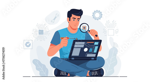 Man Repairing Laptop Showing Detail With Magnifying Glass In Isometric Illustration