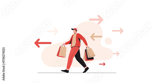 Person Carrying Shopping Bags and Walking with Arrows Signifying Progress