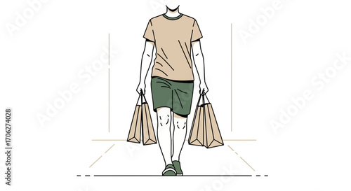 Person Carrying Shopping Bags Walking Down A Minimalist Corridor Scene Vector