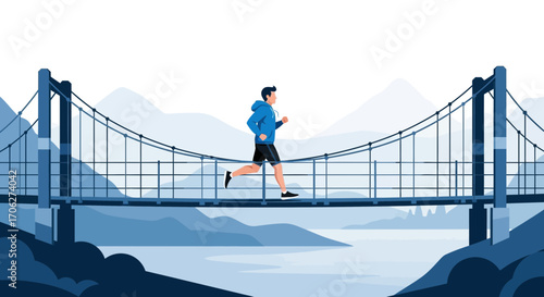Man Running Across Suspension Bridge Depicting Healthy Lifestyle and Achieving Goals