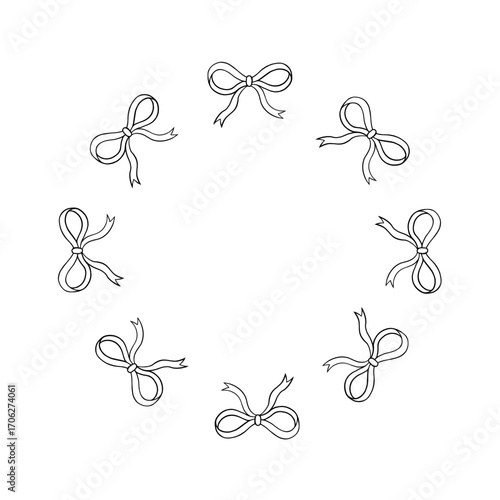 Vector round frame with bows. Hand drawn wreath, vector graphics. Line drawing, ribbon bows. Elegant frame for design and decoration, festive card with space for text.