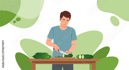 Person Chopping Cucumber on a Wooden Table with Abstract Green Shapes Background