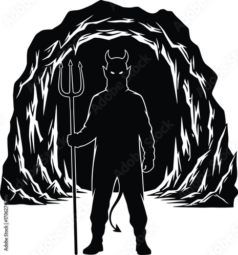 Silhouette of devil with trident standing in cave entrance in black and white