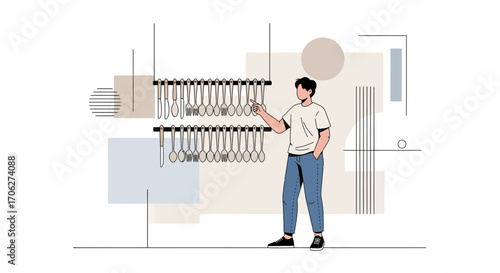 Person Choosing Utensils From Wall Display Artwork With Abstract Background Design