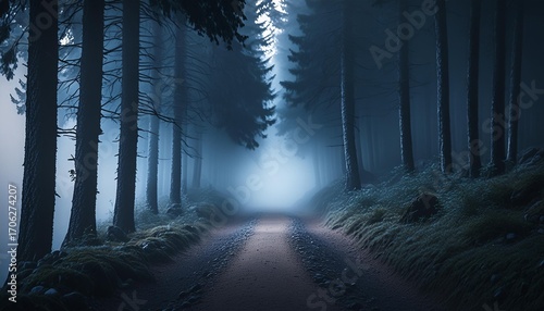 Dark walking trail in the forest with fog in the distance