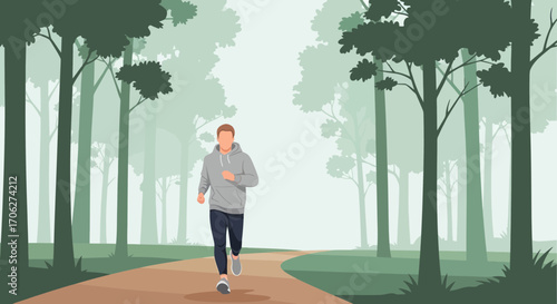 Man Running Through A Dense Forest On A Sunny Day In The Wilderness