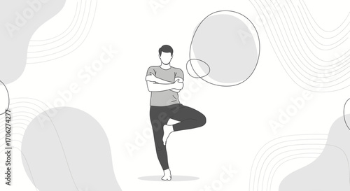 Person Doing Yoga Pose with Thought Bubble, Clean Illustration on Abstract Background