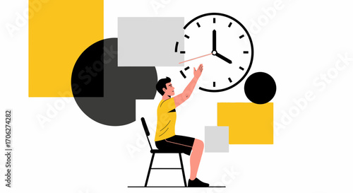 Man Seated Reaching Towards Clock Face Illustrating Time Management and Planning