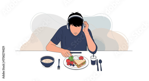 Person Eating Breakfast While Listening To Music And Using A Mobile Device