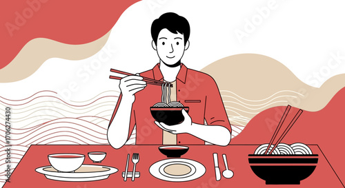 Person Eating Noodles, Simple Vector Illustration: Dining Experience and Delicious Meal