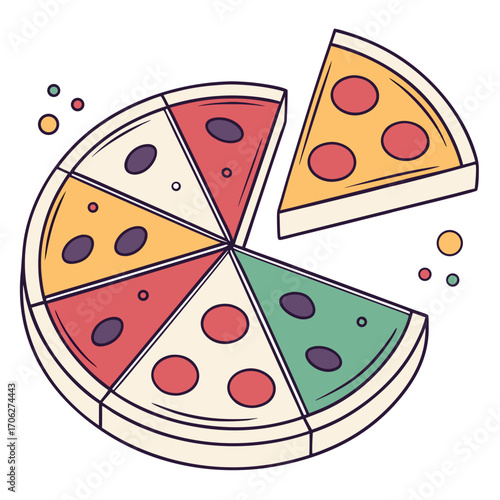 A colorful and fun flat illustration of a whole pizza with one slice removed featuring various toppings and a playful modern design perfect for food related content