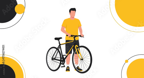 Man Stands Beside Bicycle Illustration with Minimalist Flat Design on White Background