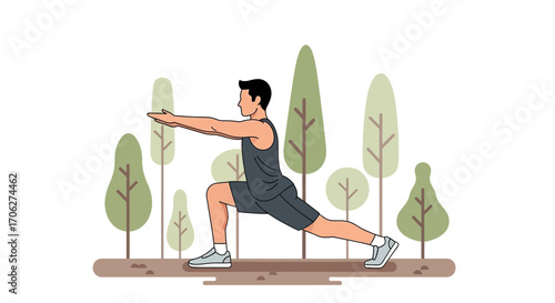 Man Stretching in Park Practicing Fitness Routine in a Sunny Environment with Trees