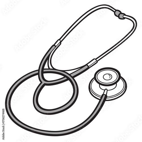 A simple black and white line art illustration of a medical stethoscope with a gray diaphragm and tubing on a white background symbolizing healthcare and diagnosis