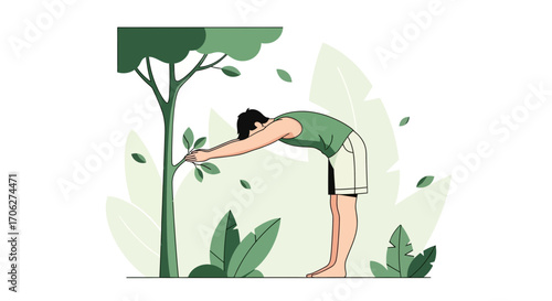 Man Stretching, Connecting With Nature Amidst Lush Foliage And Greenery Scenes Illustration