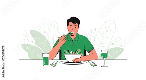 Person Eating Salad with Drink: Illustration of Healthy Lifestyle and Food Choices