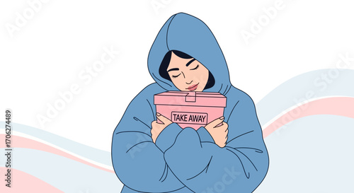 Person Embracing Takeaway Box, Depicting Contentment And The Joy Of Culinary Pleasure