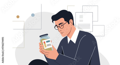 Man Studying Label on Jar, Product Inspection and Analysis Concept Illustration