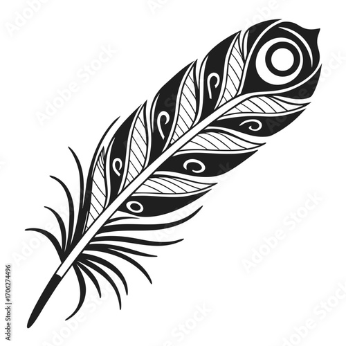 Intricate black tribal feather design with detailed patterns and a distinctive eye shape at the tip isolated on a white background