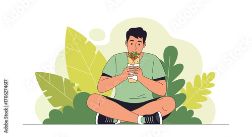 Person Enjoying Food Outdoors, Illustration: Delicious Meal Time On Green Foliage Background