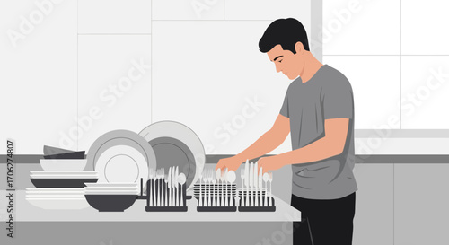 Man Washing Dishes, Creating a Clean Kitchen Environment With Utensils and Tableware