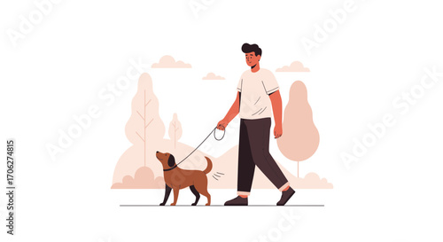 Person Enjoying Pleasant Walk With Canine Companion Depicted In Minimalist Illustration