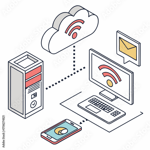 Isometric illustration of a cloud computing network connecting a server computer smartphone and email icon with wireless signals and data flow