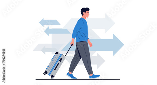 Man With Suitcase Walking Towards Destination, Arrows Indicating Travel or Journey