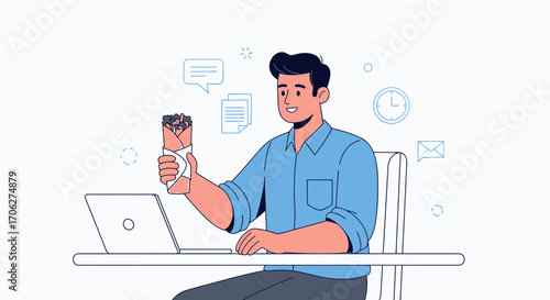 Man Working From Home With A Laptop Enjoying A Delicious Wrap While Multitasking