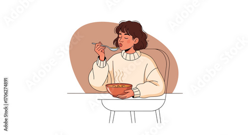 Person Enjoying Warm Soup At Home in a Cozy Eating Moment, Eating, Healthy Food