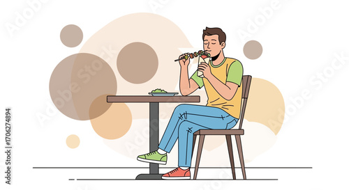 Person Enjoying Tasty Food At Restaurant, Eating Skewers And Taking Breaks After Meal