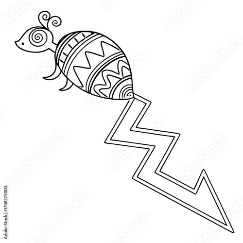 A stylized bird-like creature with intricate patterns, descending along a zigzag line.
