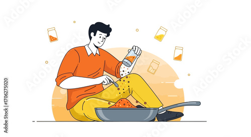 Person Flavoring Food In A Pan With Ingredients, Cooking Preparation Concept Illustration