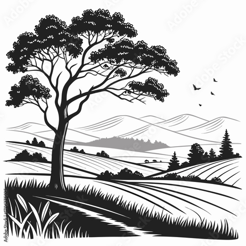 A solitary large tree stands in the foreground of a picturesque landscape with rolling hills and cultivated fields under a clear sky